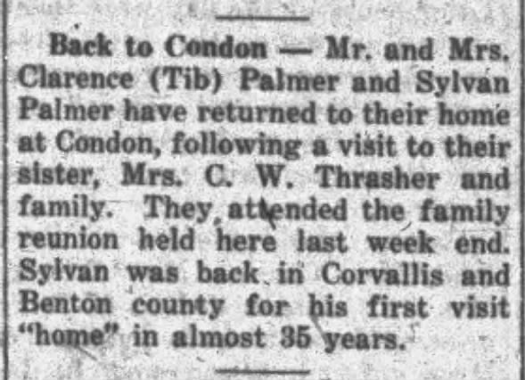 Clarence and Minnie Palmer and Sylvan Palmer return from visiting Thrashers. 1933